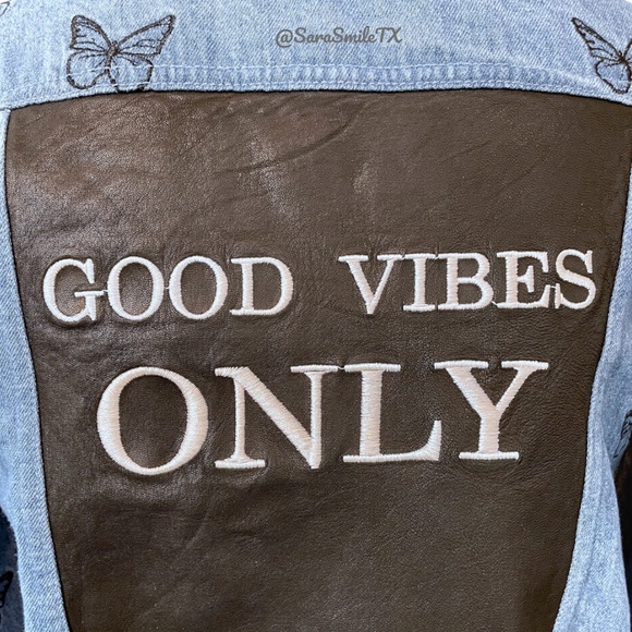 SAMANTHA SIPOS - Good Vibes Only - Embroidered Butterfly Denim & Leather Jacket - Picture 6 of 16